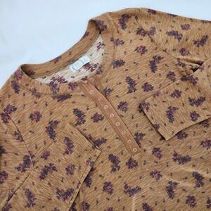Brown Indie Forest Floral Snap Henley Top Womens Medium Boho Cottage Retro